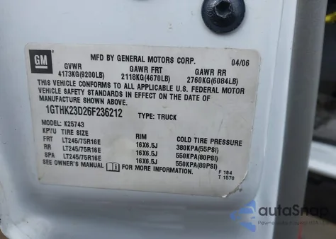 2006 GMC Sierra 2500Hd Slt z USA, uszkodzony, nr VIN 1GTHK23D26F236212